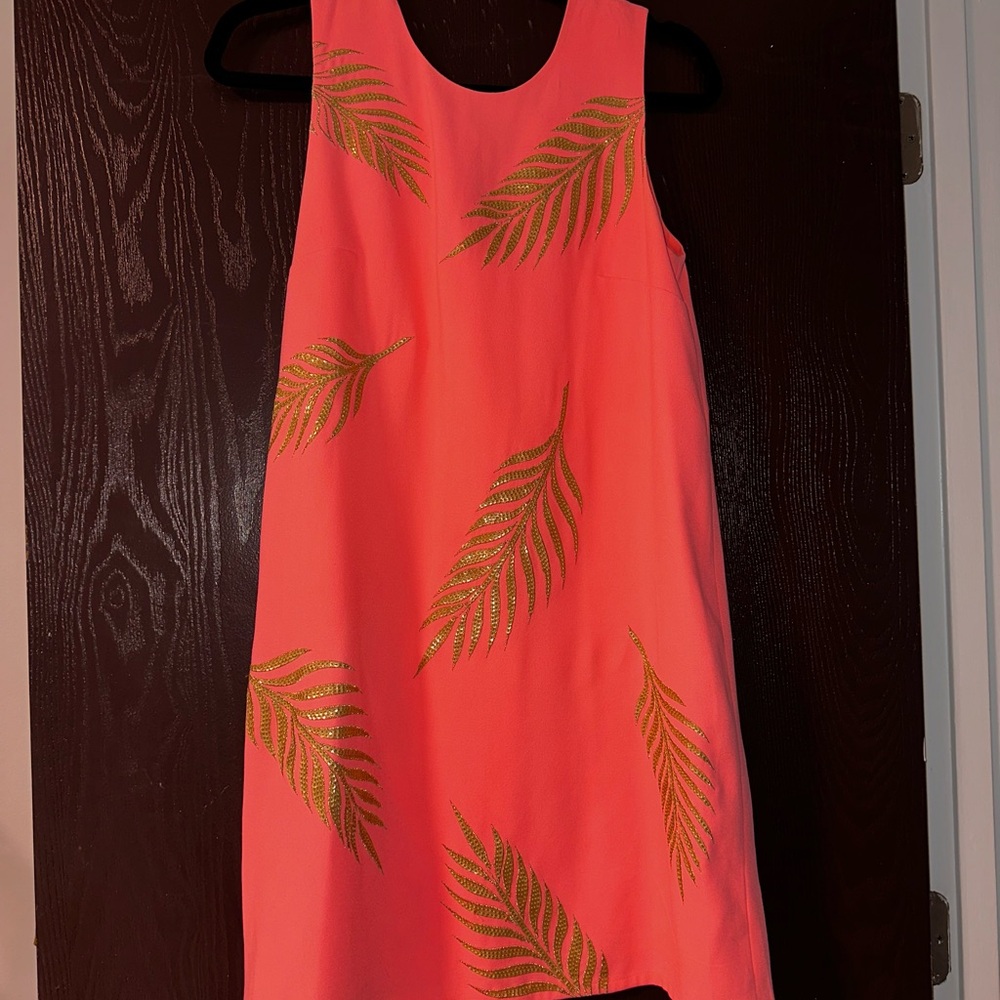 Coral Sleeveless Dress with Gold Leaf Accent. Never worn.